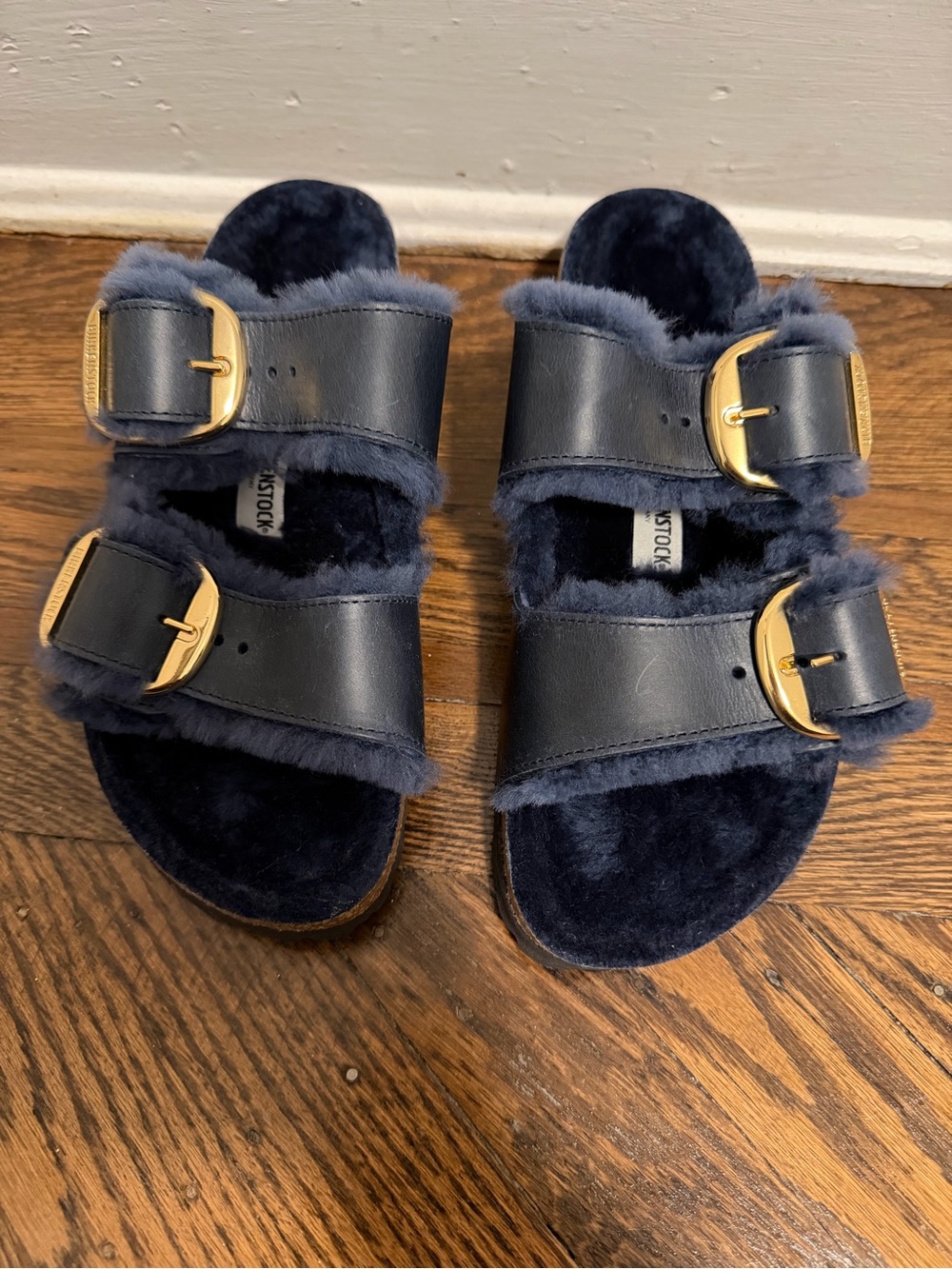 Birkenstock Kids Plush Double-Strap Slides in Navy with Gold Buckles